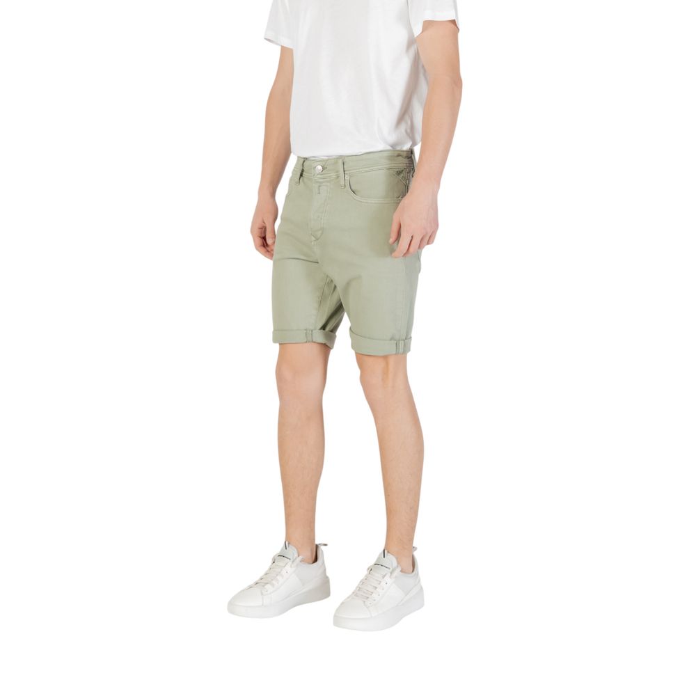 Model wearing Replay Green Cotton Bermuda Shorts, ideal for summer casual wear, made of cotton and elastane for comfort and fit.