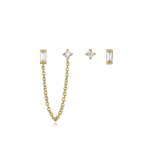Gold chain and stud earrings set with cubic zirconia stones on white background.