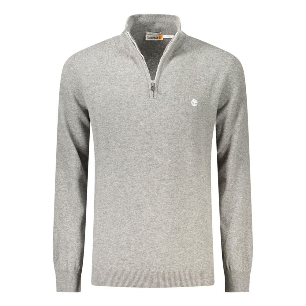 Timberland Gray Wool Men Sweater with half-zip design and iconic logo, ideal for contemporary style and seasonal transitions.