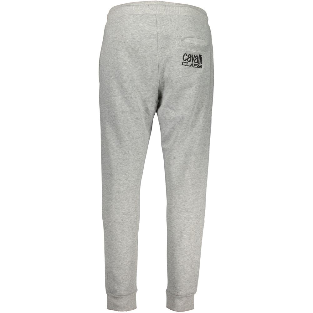Cavalli Class Gray Cotton Pant with elastic waist, lace-up, 3 pockets, ankle cuff, embroidery, and logo