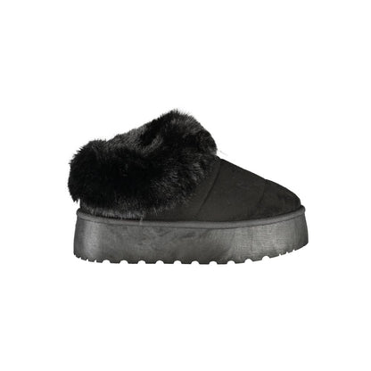 Laura Biagiotti Black Polyester Women Sneaker with fur detail and wedge heel, combining elegance and sporty chic style.
