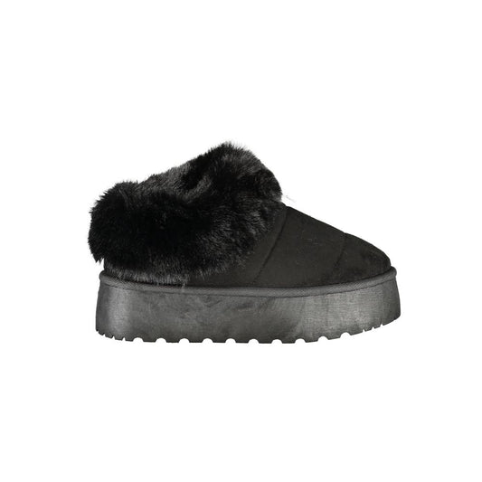 Laura Biagiotti Black Polyester Women Sneaker with fur detail and wedge heel, featuring the iconic Laura Biagiotti logo.