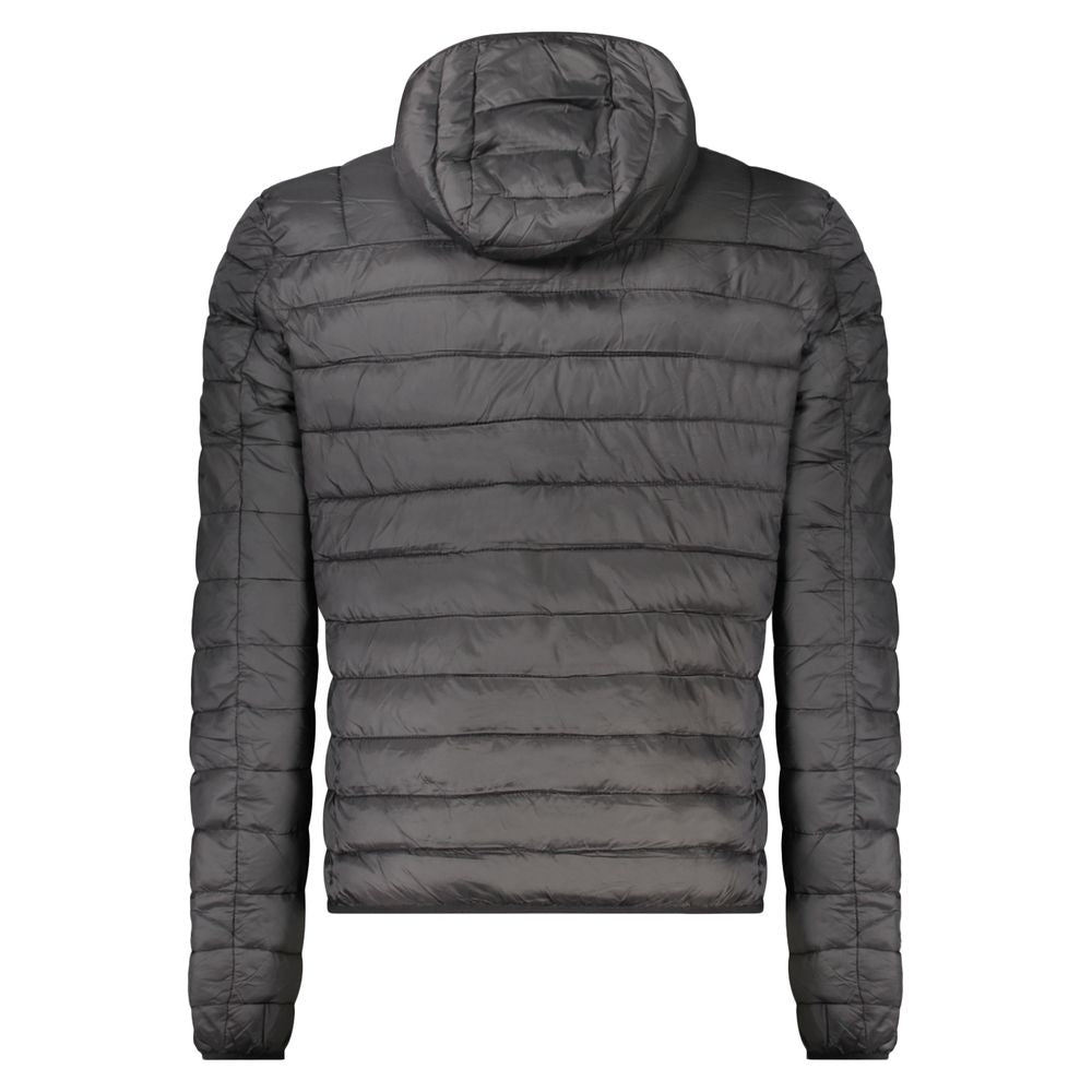 Cavalli Class Black Polyester Men Jacket with hood, stylish and practical for weather versatility, showcasing back view.