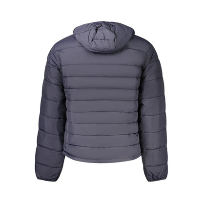 Back view of Napapijri Blue Polyamide Men's Jacket featuring a hood and sleek design.