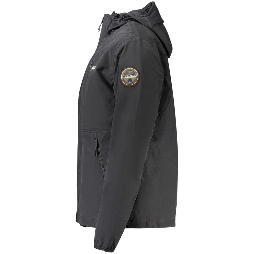 Side view of Napapijri Black Polyamide Men Jacket with hood, showcasing sleek and functional design with emblem on the sleeve.