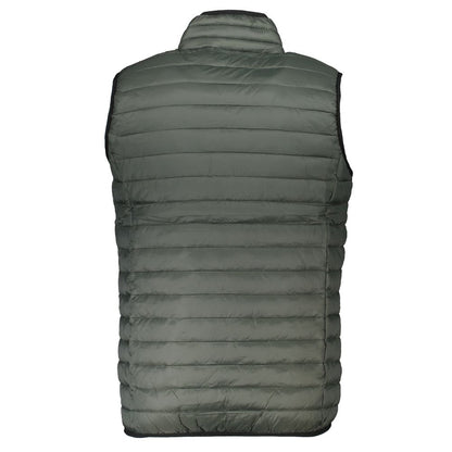 Gianmarco Venturi Green Polyamide Sleeveless Jacket with zip, 100g weight, external pockets, and logo application.
