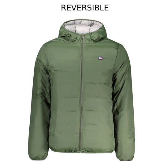 Norway 1963 Green Polyester Men's Reversible Jacket with hood displaying modern style and practicality.