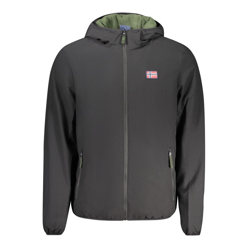Norway 1963 Black Polyester Men's Jacket with hood, dual external pockets, and applique logo.