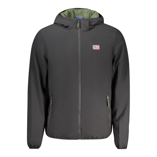 Norway 1963 Black Polyester Men's Jacket with hood, dual external pockets, and applique logo.