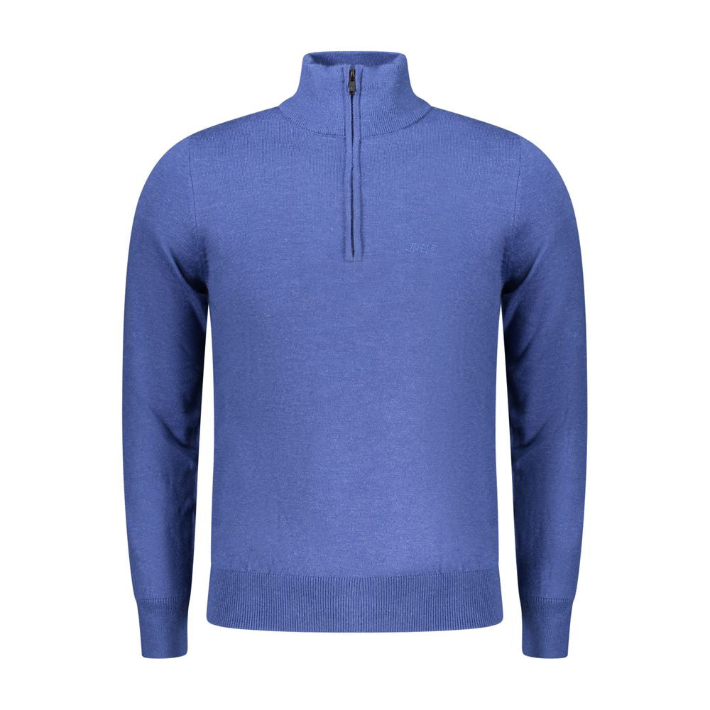 Rifle Blue Wool Men Sweater, luxurious half-zip knit with embroidered logo, perfect blend of wool, nylon, and polyester.