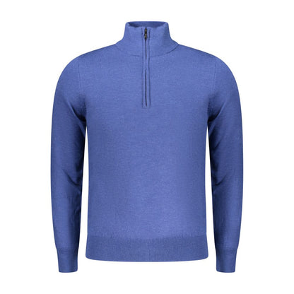 Rifle Blue Wool Men Sweater, luxurious half-zip knit with embroidered logo, perfect blend of wool, nylon, and polyester.