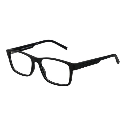 Tommy Hilfiger Black Polyamide Glasses (Frames) in full-rim rectangle style for men with demo lenses and branded case.