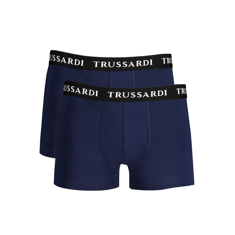 Trussardi Blue Cotton Underwear with branded elastic waistband, bi-pack, featuring logo print.