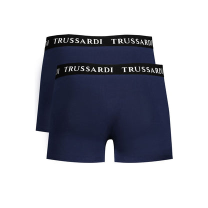 Trussardi Blue Cotton Underwear with branded elastic waistband, bi-pack boxer parts, showcasing Trussardi logo in bold print.