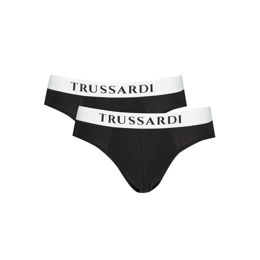 Trussardi Black Cotton Underwear bi-pack with elastic waistband and logo print, basic slip style.