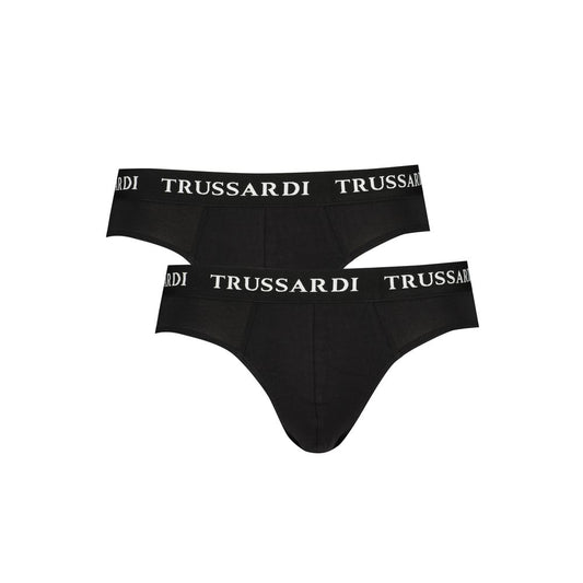 Trussardi Black Cotton Underwear with branded elastic waistband, bi-pack, featuring logo print.