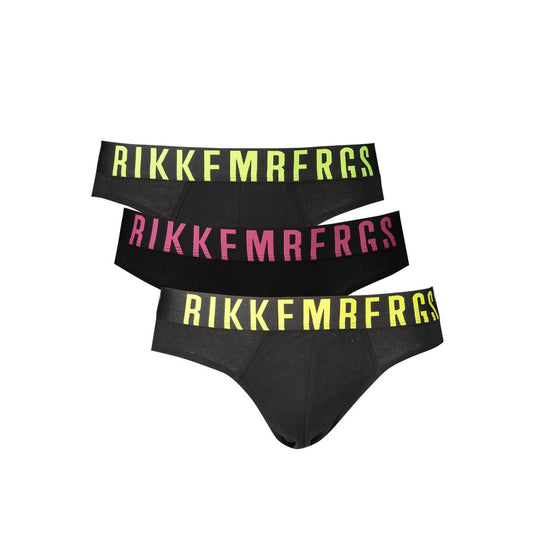 Bikkembergs Black Cotton Underwear tri-pack with elastic waistband, featuring fluo prints in green, fuchsia, yellow and logo design.
