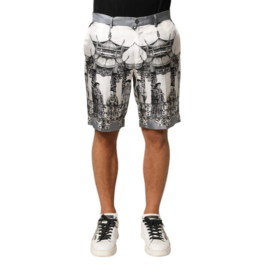 Dolce & Gabbana White Japanese Asian Print Silk Bermuda Shorts