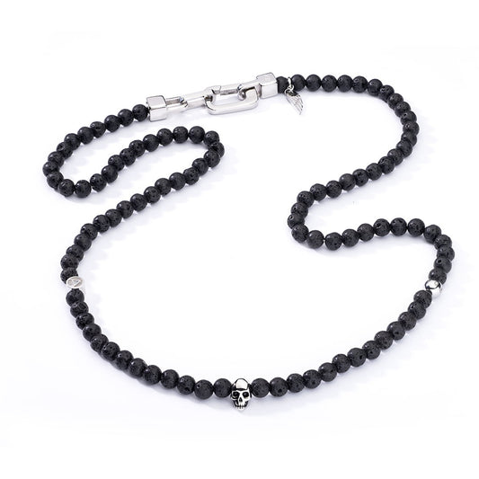 AN JEWELS JEWELRY Mod. AA.C255SBK black beaded necklace with skull pendant on white background