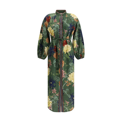 Alemais Green Linen Casual Dress with floral pattern, Korean collar, button closure, balloon sleeves, and knotted drawstring waist.