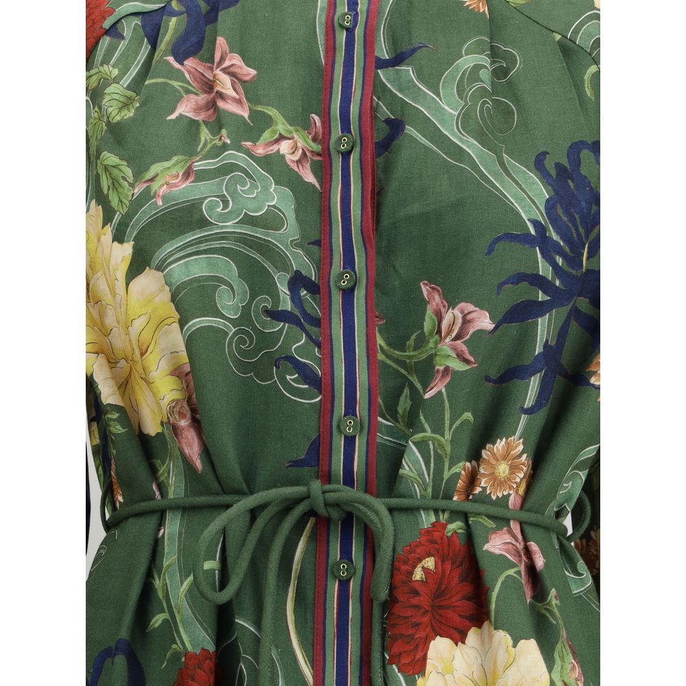 Close-up of Alemais Green Linen Casual Dress with floral pattern, Korean collar, and drawstring waist highlighting classic-modern balance.