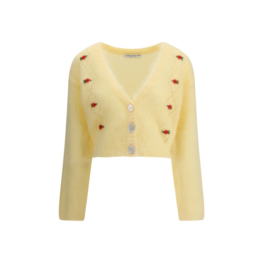 Alessandra Rich Yellow Mohair Cardigan with floral embroidery and V-neckline, button closure, ribbed hem and cuffs, AW25 collection.