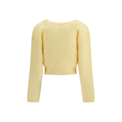 Back view of Alessandra Rich Yellow Mohair Cardigan showcasing the soft mohair material and cozy knit design.