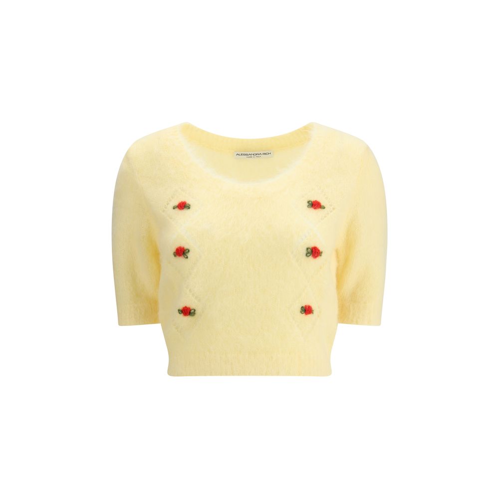 Alessandra Rich Yellow Mohair Sweatshirt with short sleeves, round neckline, and embroidered flowers for a feminine touch, AW25 collection.