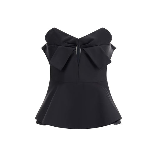 Alexander McQueen Black Polyester Top with bow neckline and peplum, sleeveless corset design, AW25 collection back view.