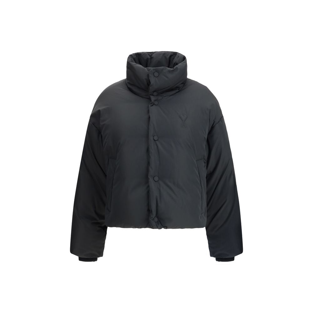 Ami Paris Black Polyamide Full-Length Jacket with button closure, logo, and pockets, offering warmth and urban style.