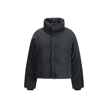Ami Paris Black Polyamide Full-Length Jacket with button closure, logo, and pockets, offering warmth and urban style.
