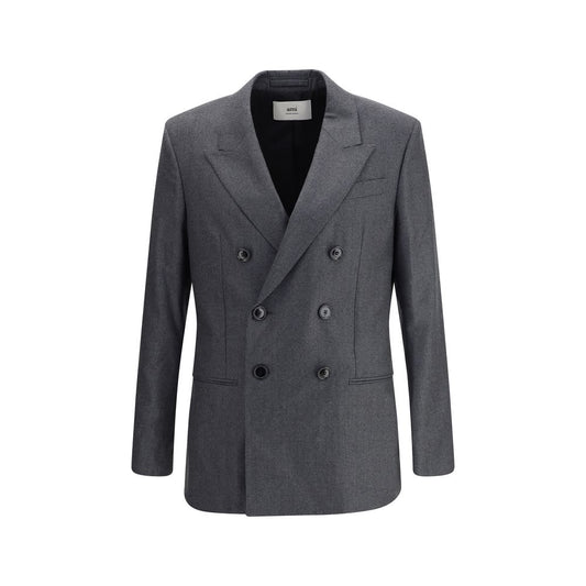 Ami Paris Gray Fleece Wool Blazer with double-breasted design, front pockets and classic lapels, crafted from pure virgin wool.