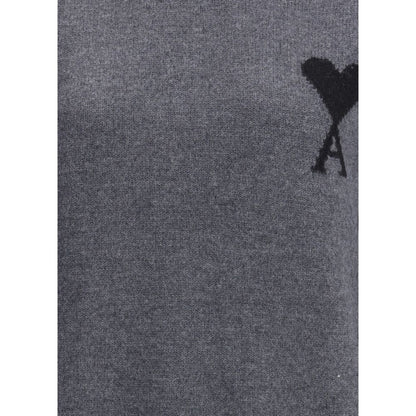 Ami Paris Gray Fleece Wool Turtleneck featuring the iconic heart logo on the front, showcasing refined style and ribbed detailing.