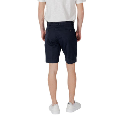 Back view of Antony Morato Blue Cotton Bermuda Shorts highlighting slim fit and logoed rubber flag design.
