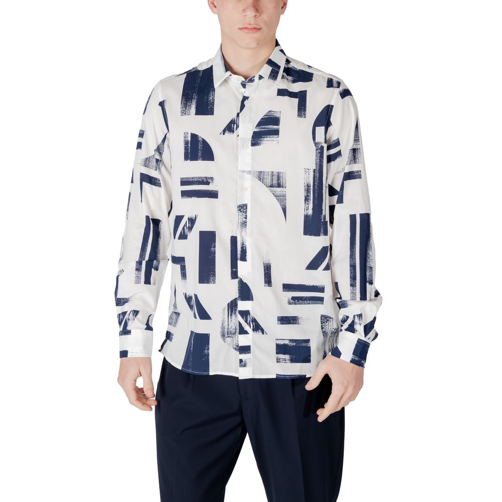 Antony Morato Blue Viscose Shirt with geometric pattern, regular straight fit, paired with navy pants.