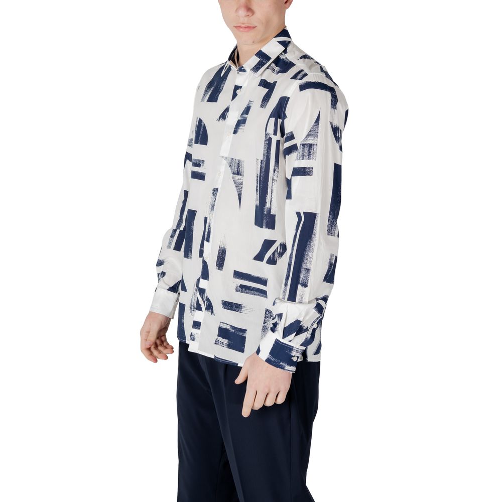 Antony Morato Blue Viscose Shirt with modern print design, worn by a model, featuring a regular straight fit for contemporary style.