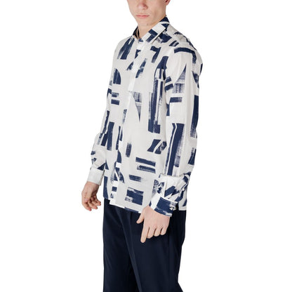 Antony Morato Blue Viscose Shirt with modern print design, worn by a model, featuring a regular straight fit for contemporary style.