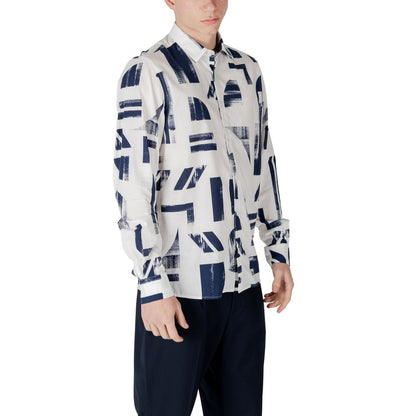 Model wearing Antony Morato Blue Viscose Shirt with abstract pattern, highlighting modern style and comfortable fit in versatile design.