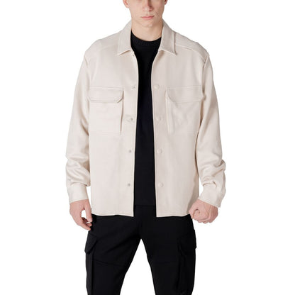 Antony Morato Cream Cotton Sweatshirt with rubber flag logo, shown on a model wearing black pants, showcasing modern design and comfort.