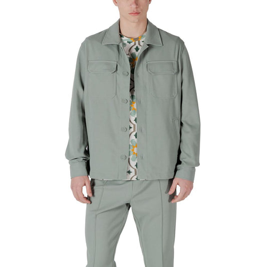Model wearing Antony Morato green polyester shirt with matching pants, showcasing elegant straight fit design.
