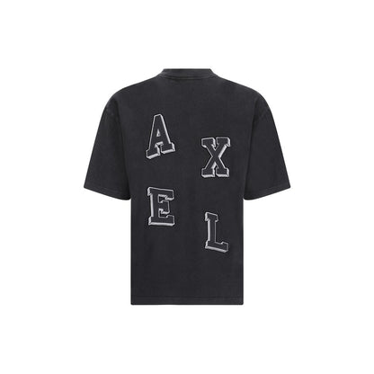 Axel Arigato Gray Cotton T-Shirt featuring letter graphics on the back, oversized fit, ribbed collar, 100% cotton, contemporary style.
