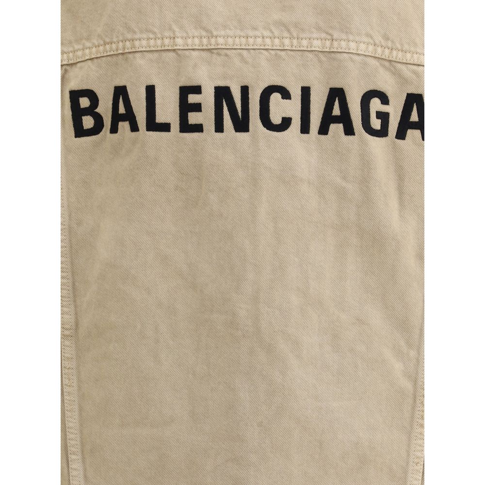 Back view of Balenciaga Beige Cotton Denim Jacket with embroidered logo, featuring oversized fit and distinctive design elements.