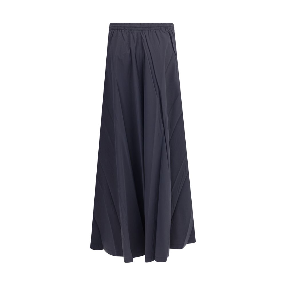Balenciaga Blue Polyester Long Skirt with elastic waistband and flared design, featuring side welt pockets for casual-chic looks.