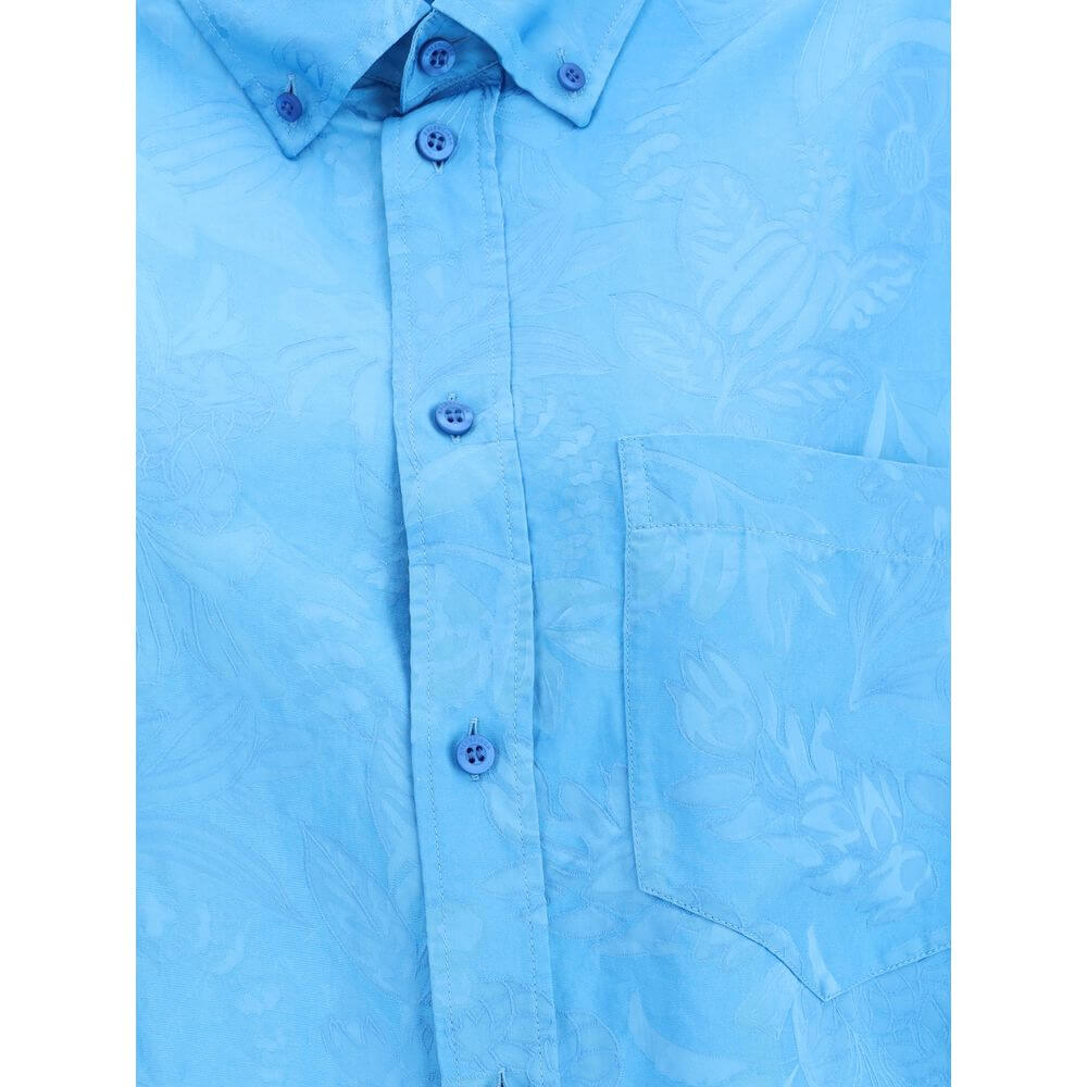 Balenciaga Blue Viscose Pattern Shirt with button-down collar and floral design, featuring a chest pocket and cocoon silhouette.
