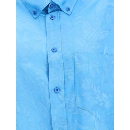 Balenciaga Blue Viscose Pattern Shirt with button-down collar and floral design, featuring a chest pocket and cocoon silhouette.