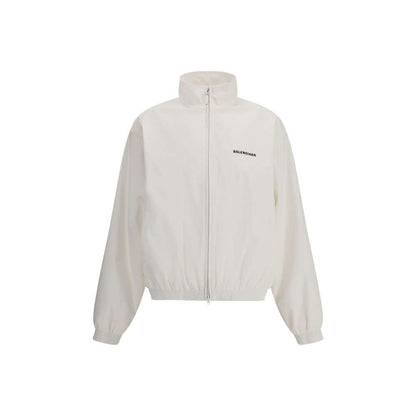 Balenciaga White Polyester Shell Jacket with logo embroidery, high collar, elastic cuffs, zipper closure, and mesh lining. AW25 season windbreaker.