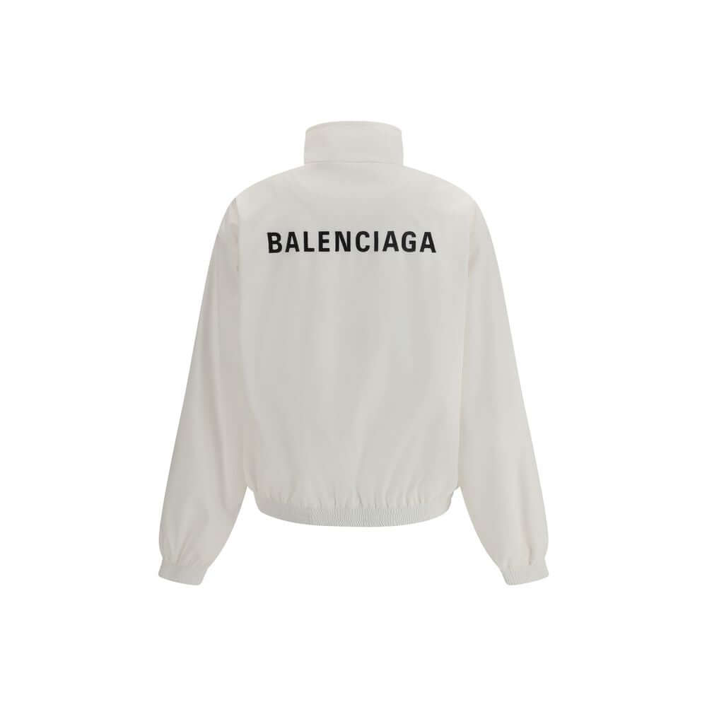 Balenciaga White Polyester Shell Jacket with logo embroidery on back, featuring high collar and elastic cuffs for AW25 season.
