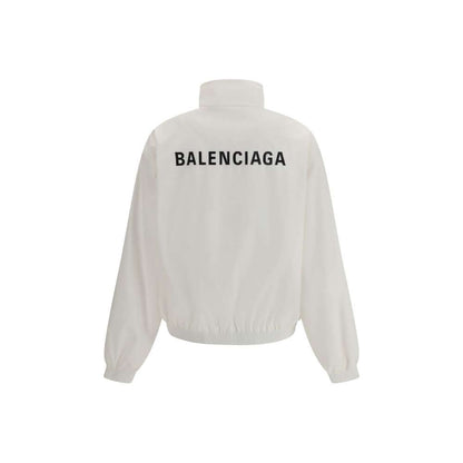 Balenciaga White Polyester Shell Jacket with logo embroidery on back, featuring high collar and elastic cuffs for AW25 season.