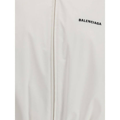 Detailed view of Balenciaga White Polyester Shell Jacket with logo embroidery on chest.