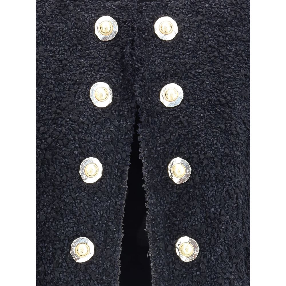 Balmain Black Polyamide Coat with gold coin buttons showcasing elegant design features and luxury detailing.